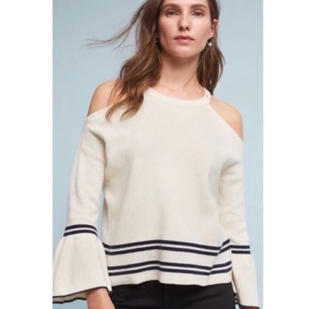 Anthropologie cream & navy cold shoulder sweater
